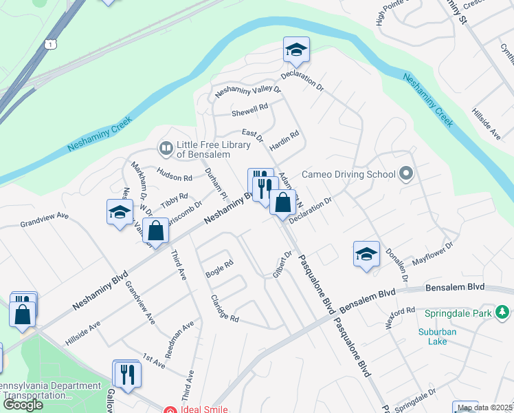 map of restaurants, bars, coffee shops, grocery stores, and more near 5417 Neshaminy Blvd in Bucks