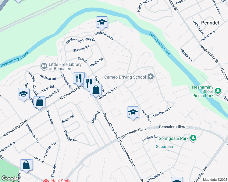 map of restaurants, bars, coffee shops, grocery stores, and more near 3361 Bryan Court in Bensalem