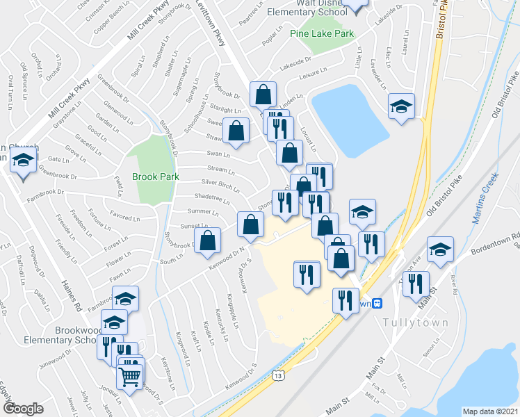 map of restaurants, bars, coffee shops, grocery stores, and more near 541 Stonybrook Drive in Levittown