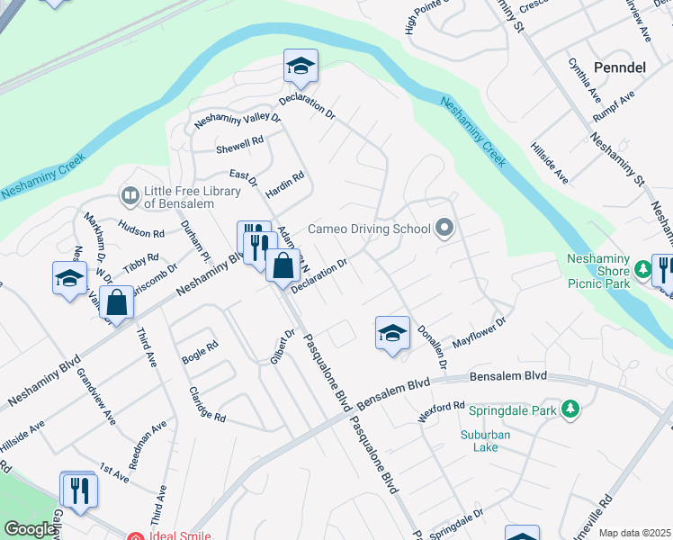 map of restaurants, bars, coffee shops, grocery stores, and more near 3361 Bryan Court in Bensalem