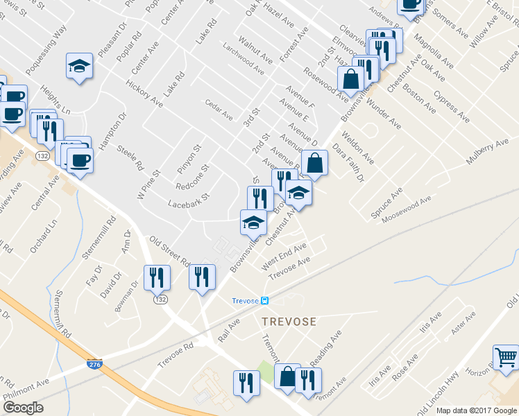 map of restaurants, bars, coffee shops, grocery stores, and more near 1311 East Pine Street in Trevose
