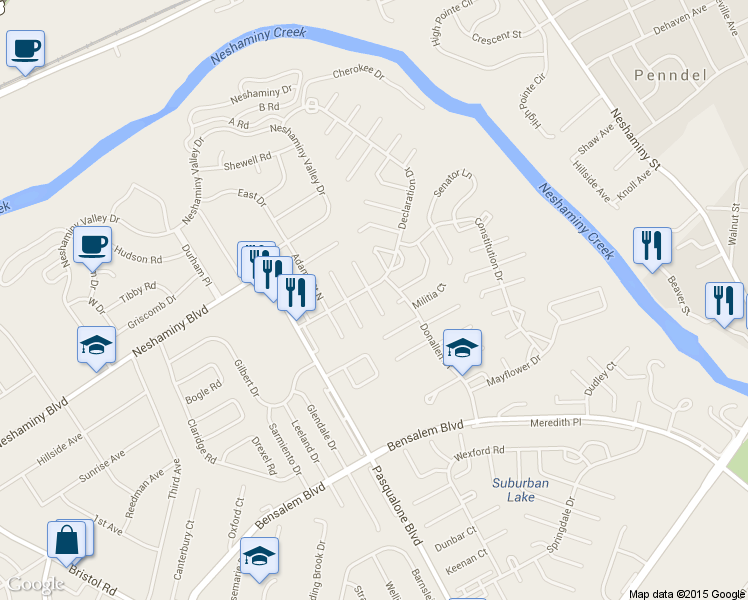 map of restaurants, bars, coffee shops, grocery stores, and more near 3355 Carroll Court in Bensalem