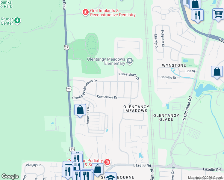 map of restaurants, bars, coffee shops, grocery stores, and more near 8822 Meadow Grass Lane in Lewis Center