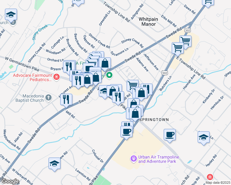 map of restaurants, bars, coffee shops, grocery stores, and more near 55 West Germantown Pike in Norristown
