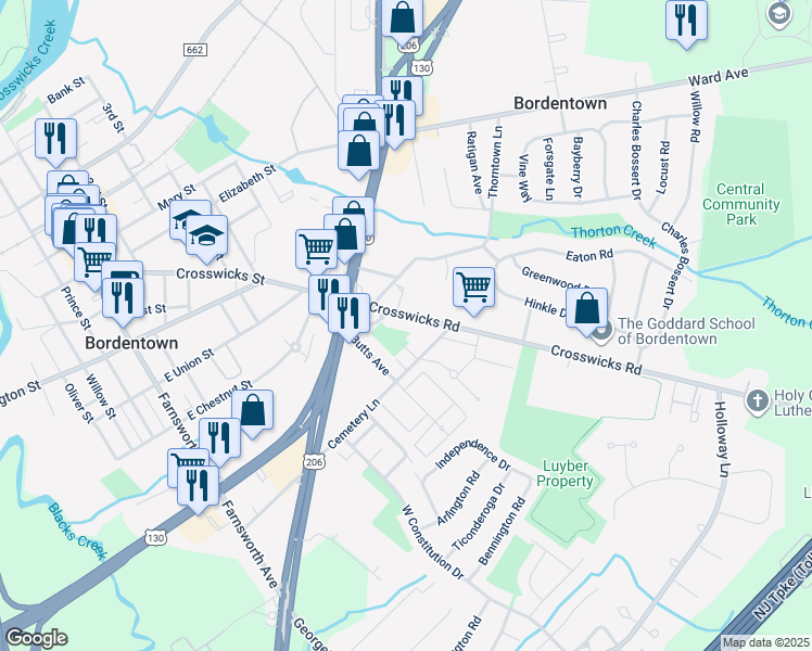 map of restaurants, bars, coffee shops, grocery stores, and more near 186 Crosswicks Road in Bordentown