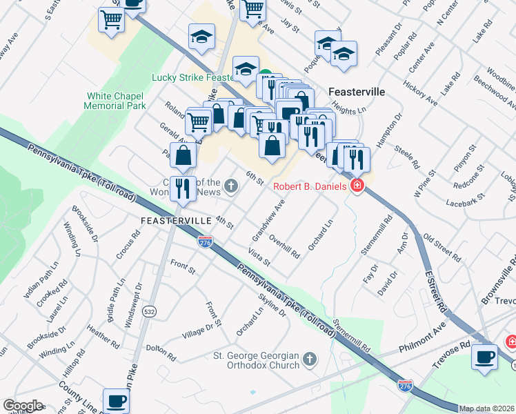 map of restaurants, bars, coffee shops, grocery stores, and more near 525 Harding Avenue in Feasterville-Trevose