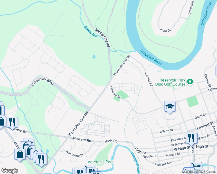 map of restaurants, bars, coffee shops, grocery stores, and more near 1296 Fillmore Street in Phoenixville