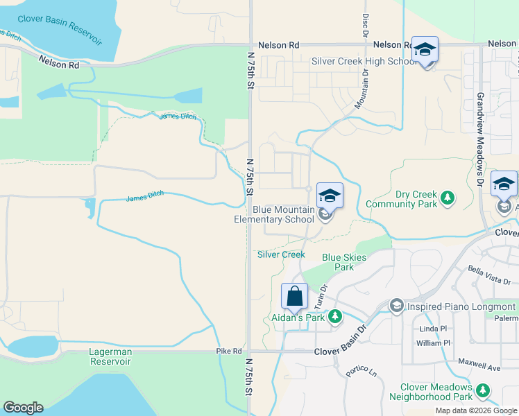 map of restaurants, bars, coffee shops, grocery stores, and more near 5706 Blue Mountain Circle in Longmont