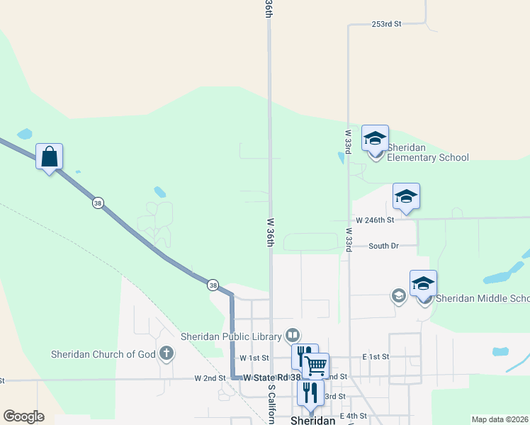 map of restaurants, bars, coffee shops, grocery stores, and more near 24500 Jerkwater Road in Sheridan