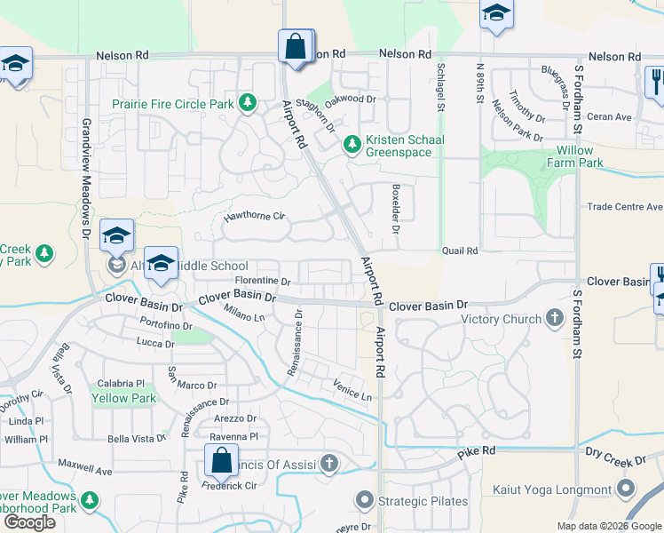 map of restaurants, bars, coffee shops, grocery stores, and more near 3738 Florentine Circle in Longmont