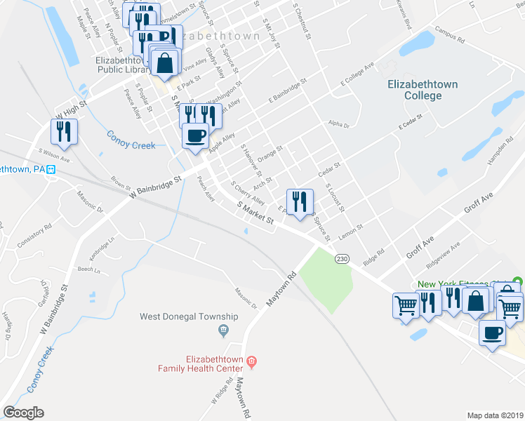 map of restaurants, bars, coffee shops, grocery stores, and more near 717-719 South Market Street in Elizabethtown