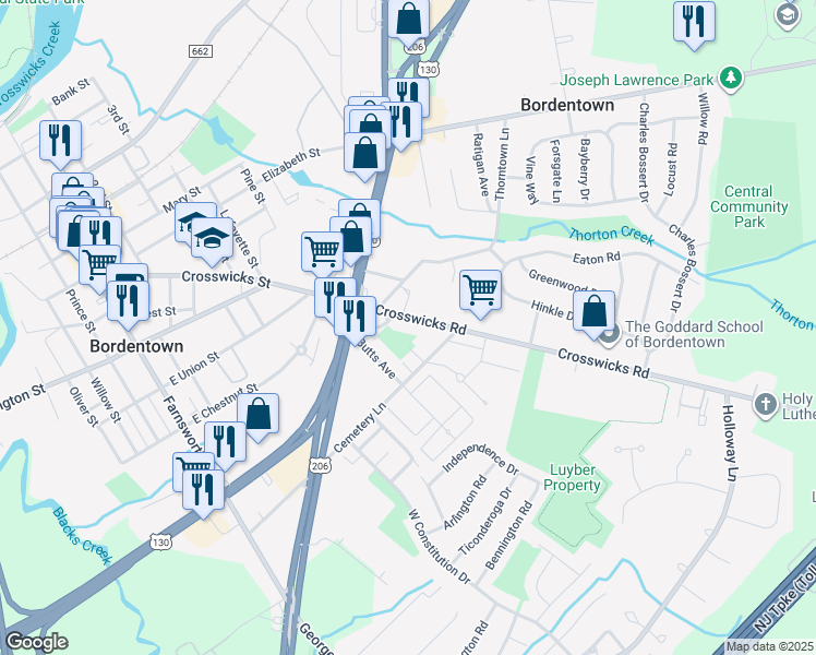 map of restaurants, bars, coffee shops, grocery stores, and more near 182 Crosswicks Road in Bordentown