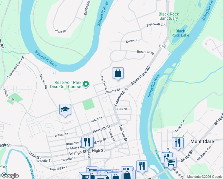map of restaurants, bars, coffee shops, grocery stores, and more near 1046 Balley Drive in Phoenixville