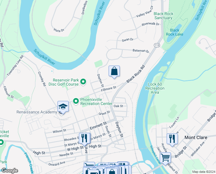 map of restaurants, bars, coffee shops, grocery stores, and more near 1046 Balley Drive in Phoenixville
