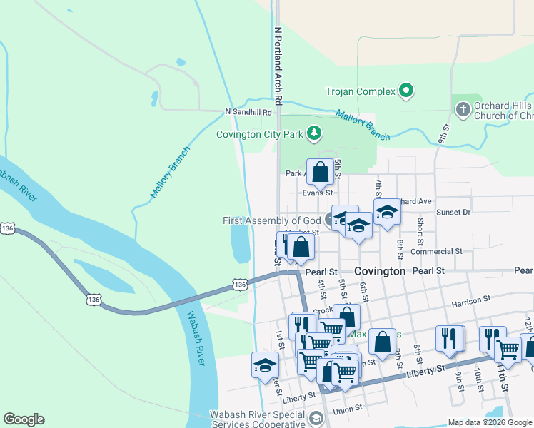 map of restaurants, bars, coffee shops, grocery stores, and more near 1201 2nd Street in Covington
