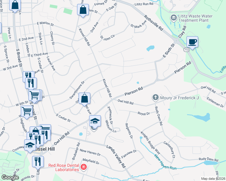 map of restaurants, bars, coffee shops, grocery stores, and more near 303 Pierson Road in Lititz