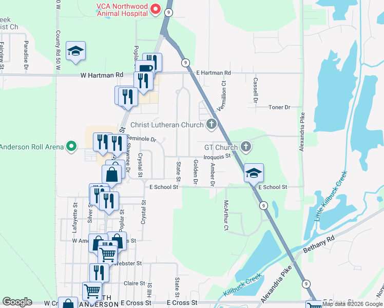 map of restaurants, bars, coffee shops, grocery stores, and more near 609 Iroquois Street in Anderson