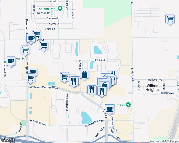 map of restaurants, bars, coffee shops, grocery stores, and more near 23 Thatcham Drive in Champaign