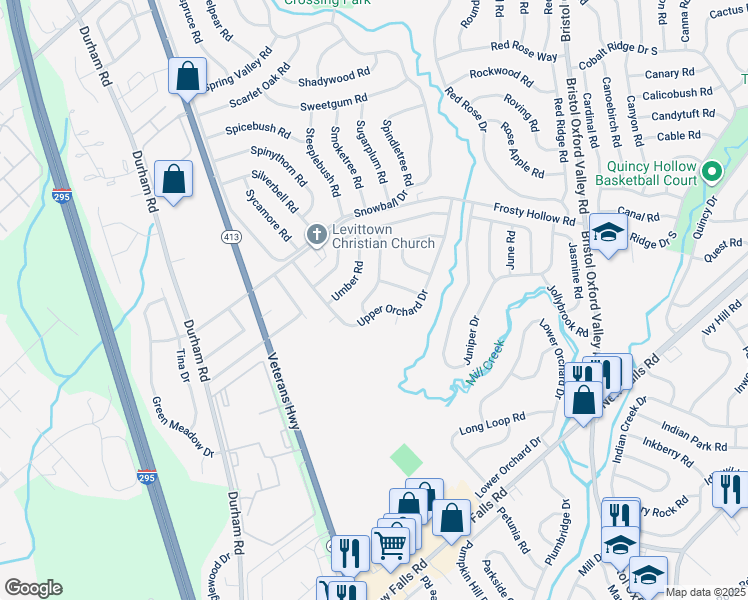 map of restaurants, bars, coffee shops, grocery stores, and more near 16 Underwood Rd in Levittown