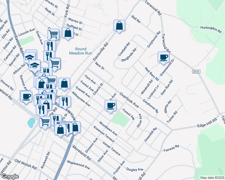 map of restaurants, bars, coffee shops, grocery stores, and more near 114 Overlook Avenue in Willow Grove