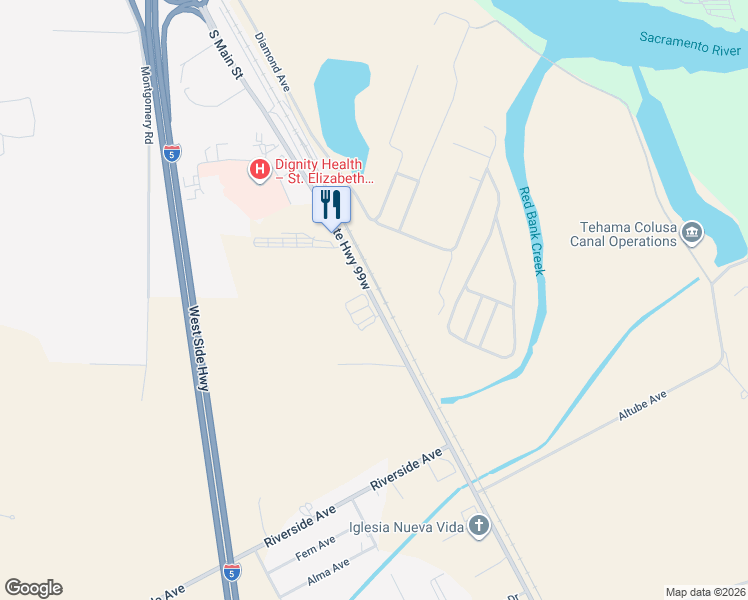 map of restaurants, bars, coffee shops, grocery stores, and more near 12095-12199 County Route A8 in Red Bluff