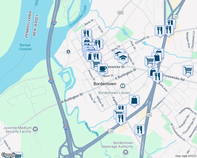 map of restaurants, bars, coffee shops, grocery stores, and more near 348 Farnsworth Avenue in Bordentown