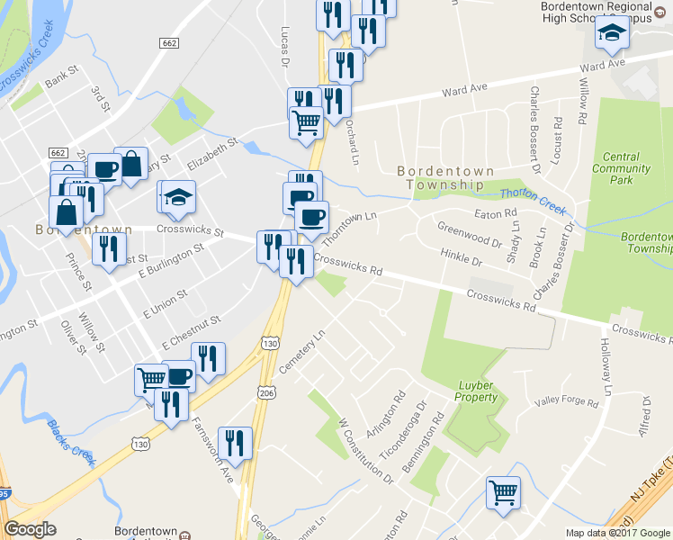 map of restaurants, bars, coffee shops, grocery stores, and more near 182 Crosswicks Road in Bordentown