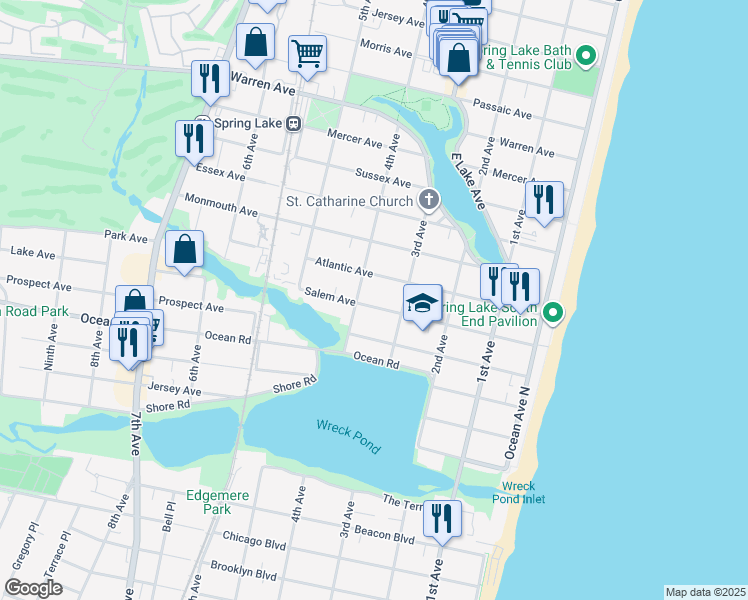 map of restaurants, bars, coffee shops, grocery stores, and more near 317 Salem Avenue in Spring Lake