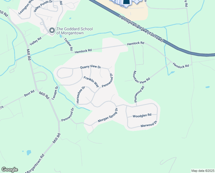 map of restaurants, bars, coffee shops, grocery stores, and more near 42 Pennwood Drive in Morgantown