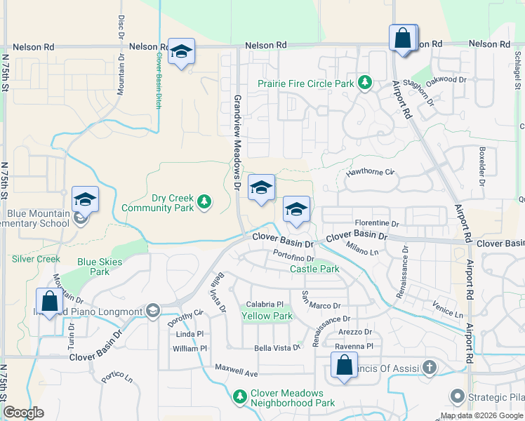map of restaurants, bars, coffee shops, grocery stores, and more near 4600 Clover Basin Drive in Longmont