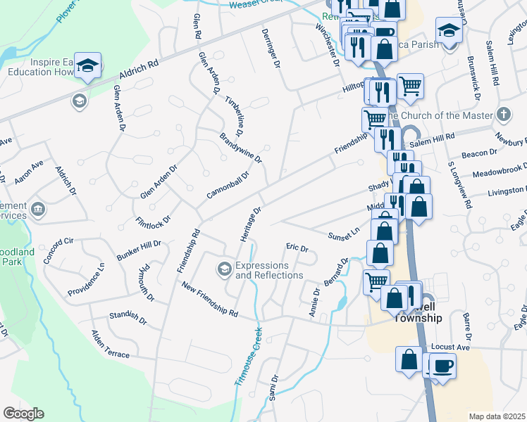 map of restaurants, bars, coffee shops, grocery stores, and more near 50 Heritage Dr in Howell