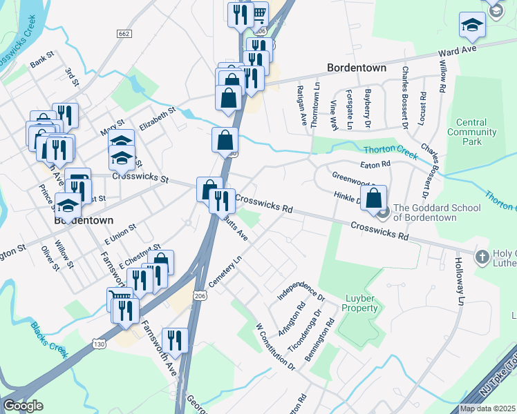 map of restaurants, bars, coffee shops, grocery stores, and more near 186 Crosswicks Road in Bordentown