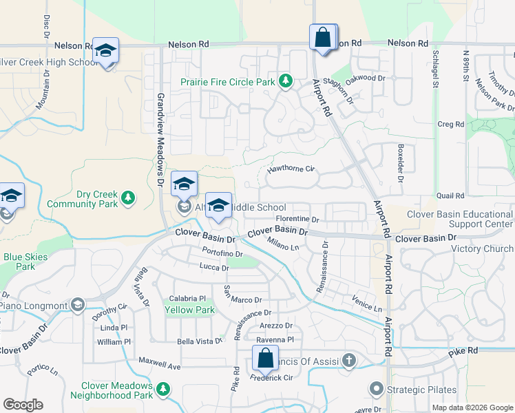 map of restaurants, bars, coffee shops, grocery stores, and more near 4107 Da Vinci Drive in Longmont
