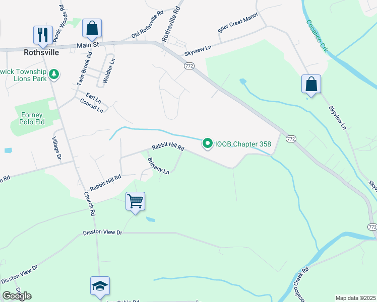 map of restaurants, bars, coffee shops, grocery stores, and more near Rabbit Hill Road in Lancaster County