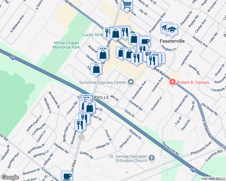 map of restaurants, bars, coffee shops, grocery stores, and more near in Feasterville-Trevose