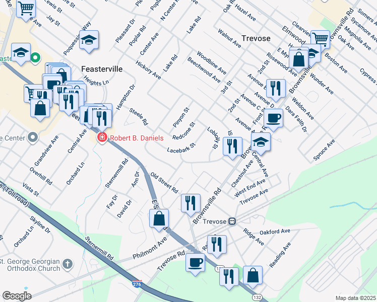 map of restaurants, bars, coffee shops, grocery stores, and more near 1307 Lacebark Street in Feasterville-Trevose