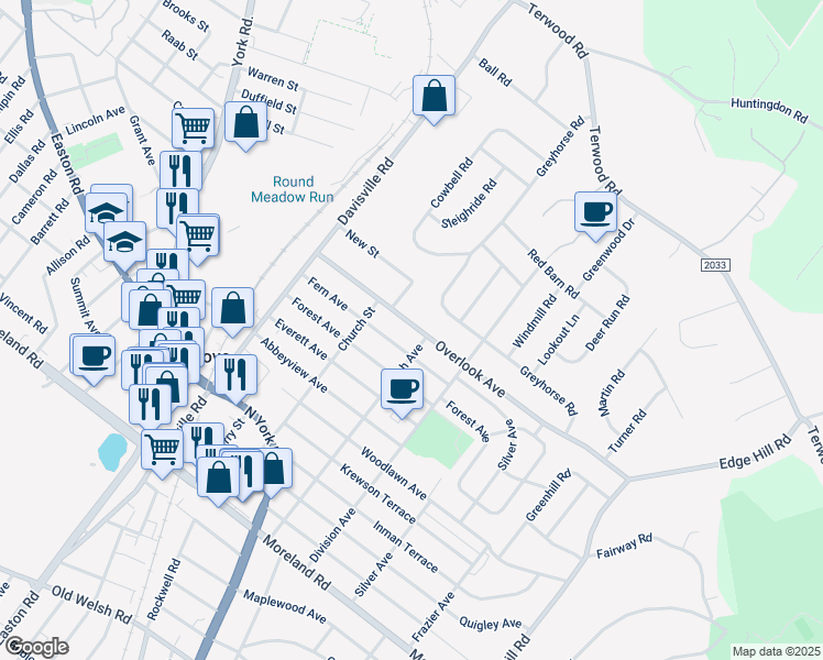 map of restaurants, bars, coffee shops, grocery stores, and more near 114 Overlook Avenue in Willow Grove