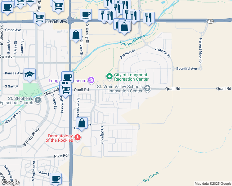 map of restaurants, bars, coffee shops, grocery stores, and more near 1257 Hummingbird Circle in Longmont