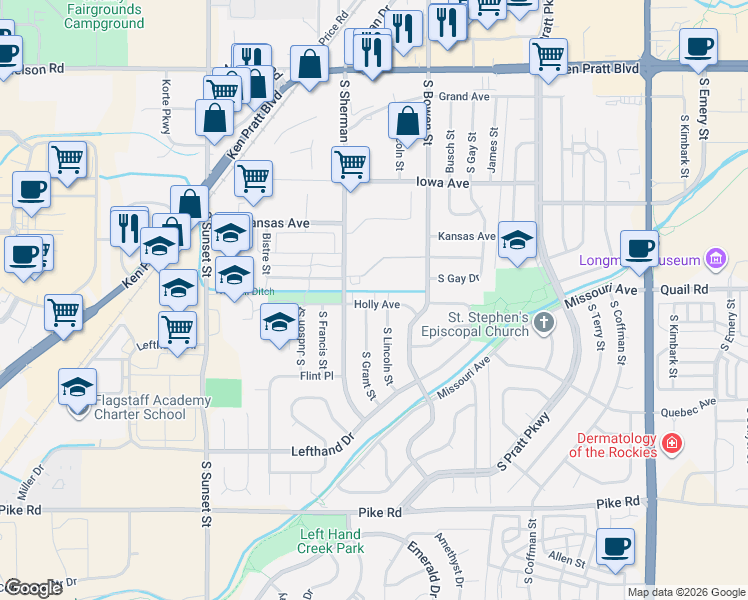 map of restaurants, bars, coffee shops, grocery stores, and more near 1303 South Lincoln Street in Longmont