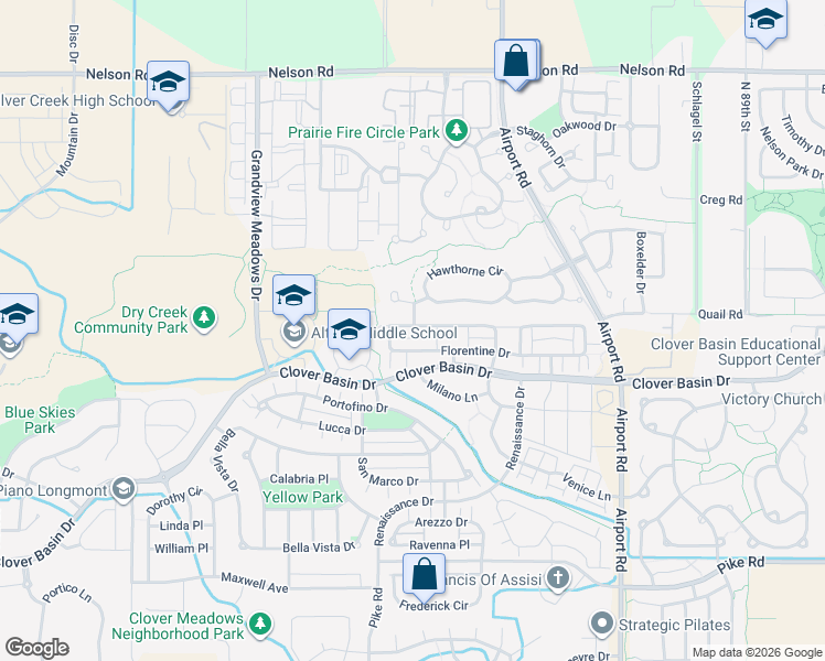 map of restaurants, bars, coffee shops, grocery stores, and more near 4107 Da Vinci Drive in Longmont