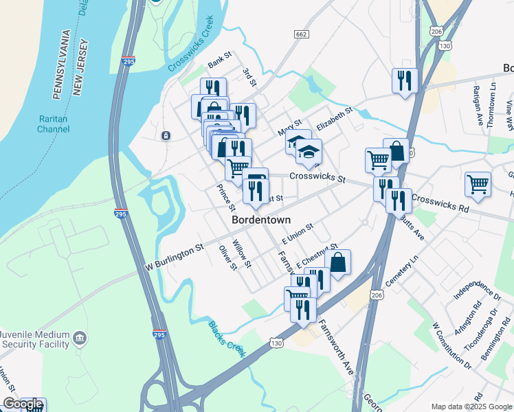 map of restaurants, bars, coffee shops, grocery stores, and more near in Bordentown