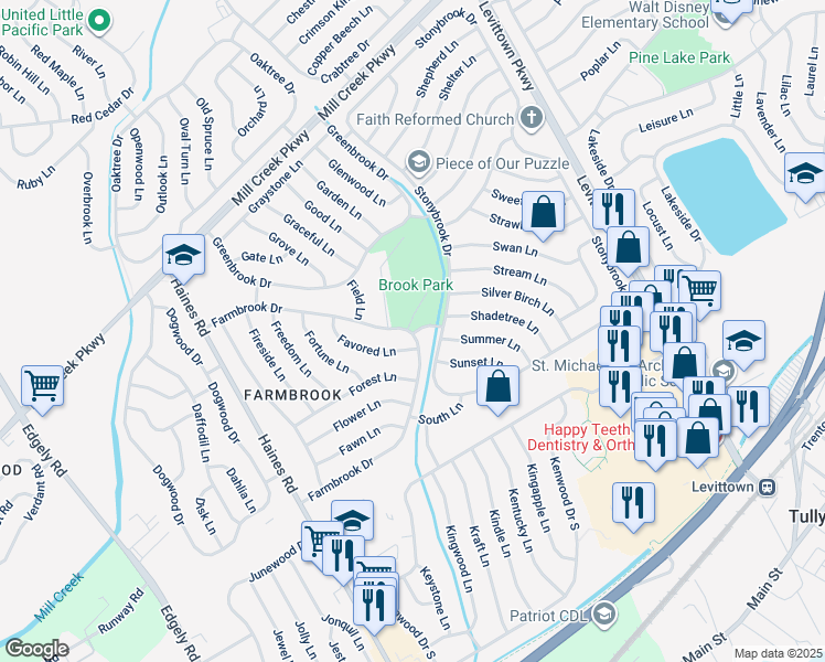 map of restaurants, bars, coffee shops, grocery stores, and more near in Levittown