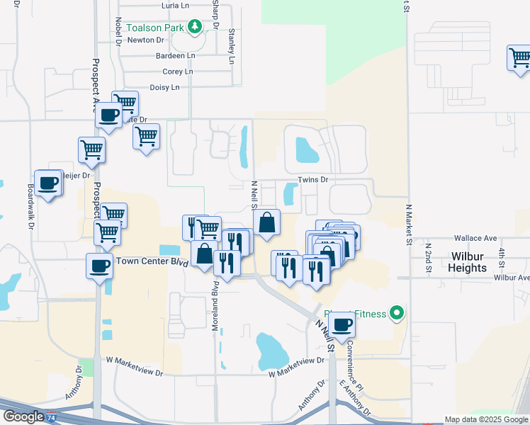 map of restaurants, bars, coffee shops, grocery stores, and more near 2402 North Neil Street in Champaign