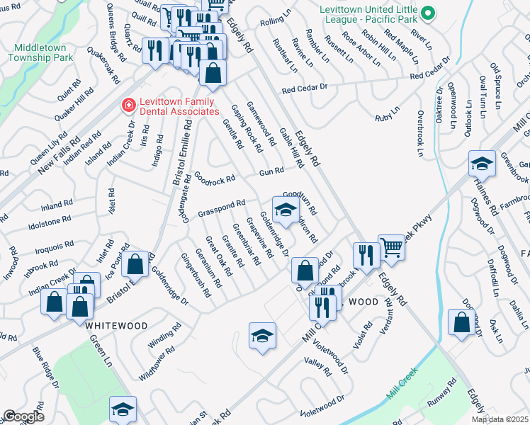 map of restaurants, bars, coffee shops, grocery stores, and more near 192 Goldenridge Drive in Levittown