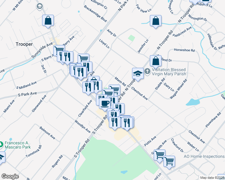 map of restaurants, bars, coffee shops, grocery stores, and more near 25 Brant Road in Eagleville