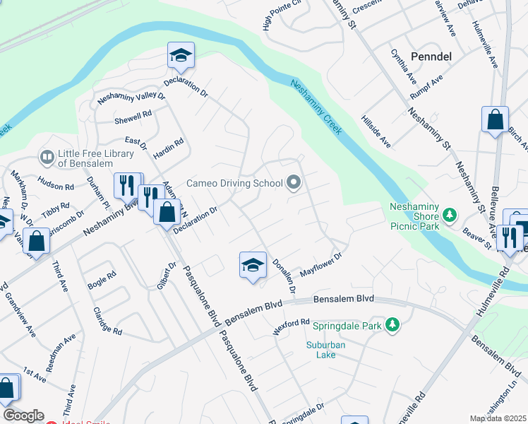 map of restaurants, bars, coffee shops, grocery stores, and more near 6344 Militia Court in Bensalem