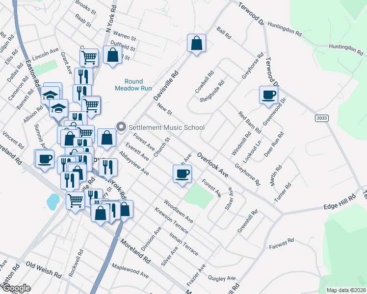 map of restaurants, bars, coffee shops, grocery stores, and more near 118 Overlook Avenue in Willow Grove