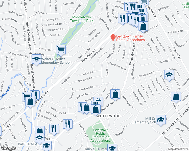 map of restaurants, bars, coffee shops, grocery stores, and more near 63 Idolstone Road in Levittown