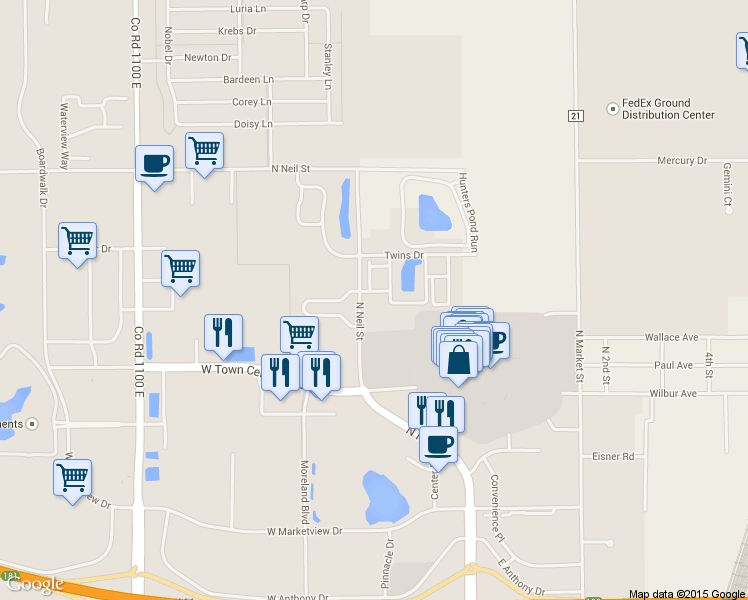 map of restaurants, bars, coffee shops, grocery stores, and more near 2402 North Neil Street in Champaign