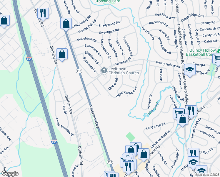 map of restaurants, bars, coffee shops, grocery stores, and more near 15 Umber Rd in Levittown